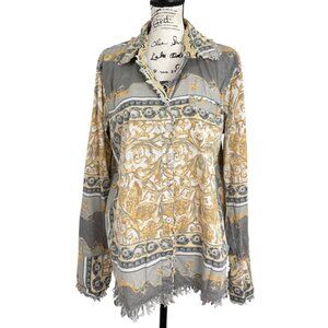 Tizzie Womens Baroque Print Frayed Hem Button-Up Shirt Top Gray Gold Size XL